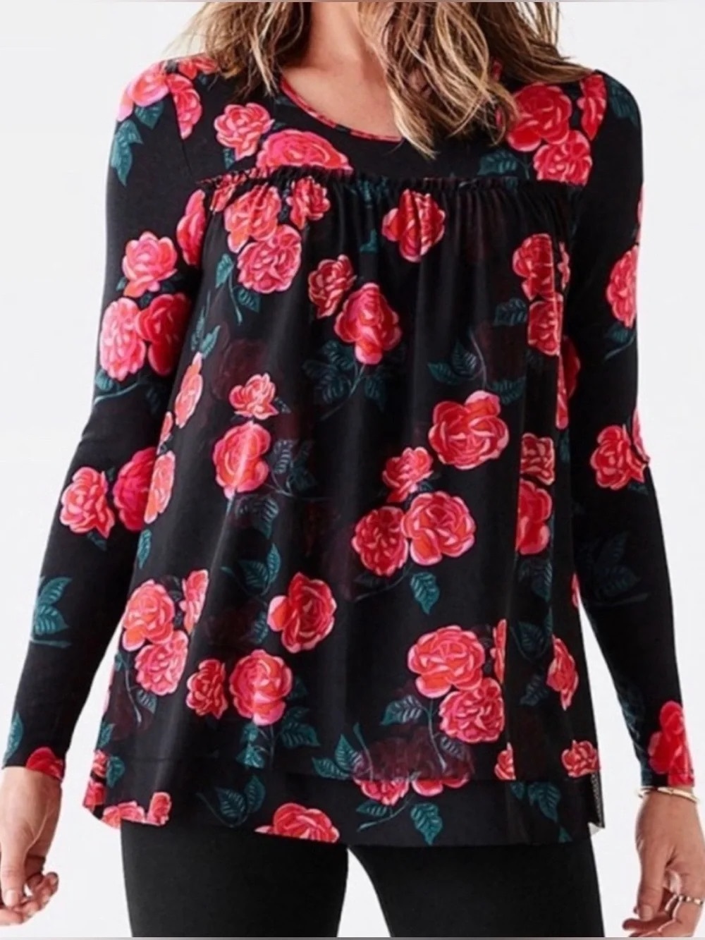 Matilda Jane Winter Blooms Tunic Top XS Black Pink Rose Floral Mesh Overlay